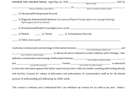 Image of form giving permission for health care provider and child care provider to exchange information about a child