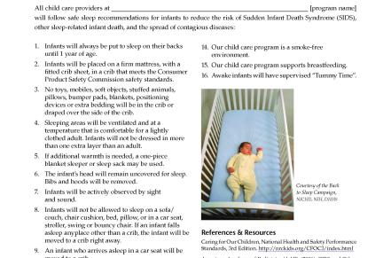 Policy outlining how child care provider will provide a safe sleep environment for infant