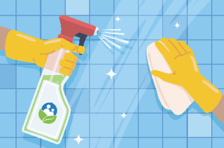 cartoon of a person cleaning a tiled surface with a spray bottle and cloth