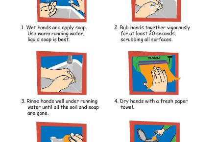 Poster showing step-by-step how to wash your hands when caring for children