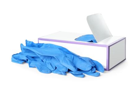 Box of blue medical non-latex gloves