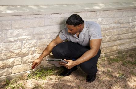 Person checking edge of building's foundation