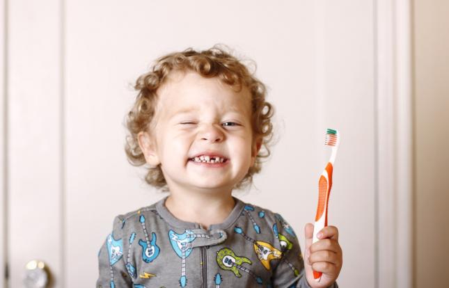 toddler holding toothbrush